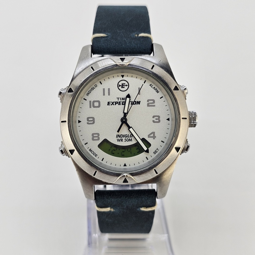 VTG Timex Expedition Ana-Dig Men's Watch 38MM NEW Blue Leather Bands NEW Battery